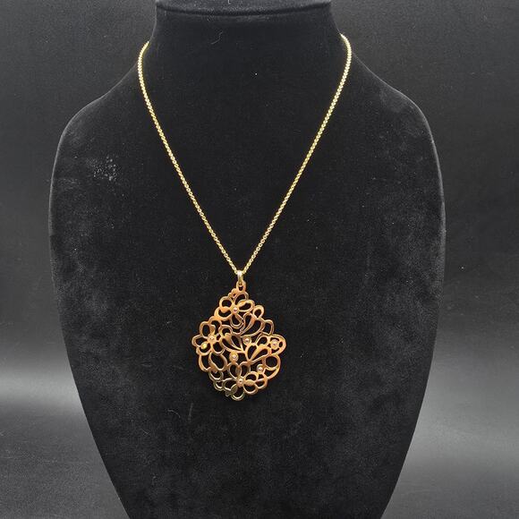 Bronze Milor Italy Pendant Necklace Gold Tone Floral Script Scroll Rhinestone - Picture 1 of 10